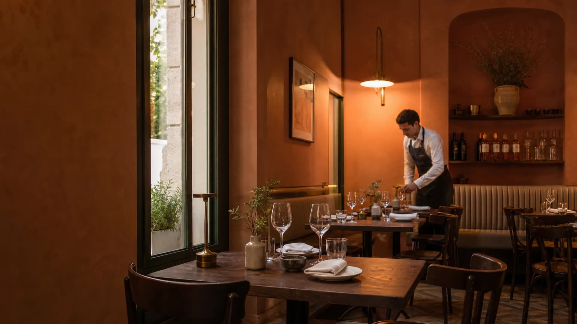 Salle chaleureuse d’un restaurant indépendant avant le service